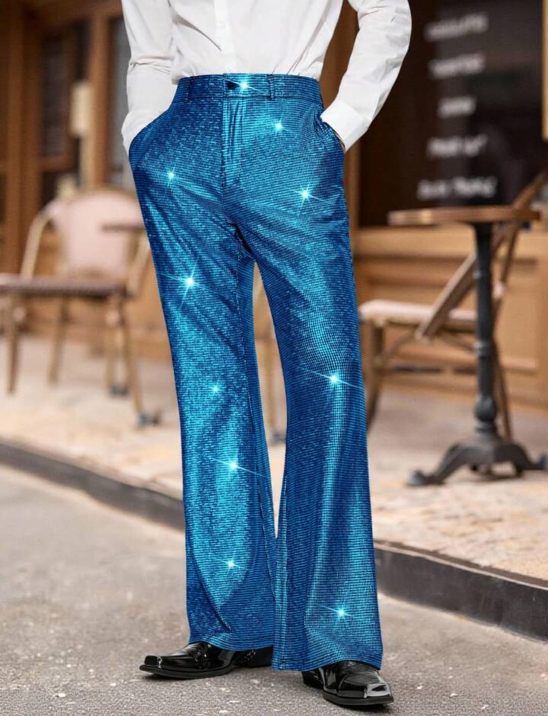 Men's Sparkling Blue Sequin Wide-Leg Trousers – Party & Stage Performance Pants